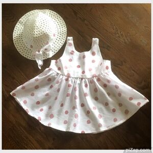 White and Pink Polka Dot Dress with Matching Hat - Sz 2-3 Year